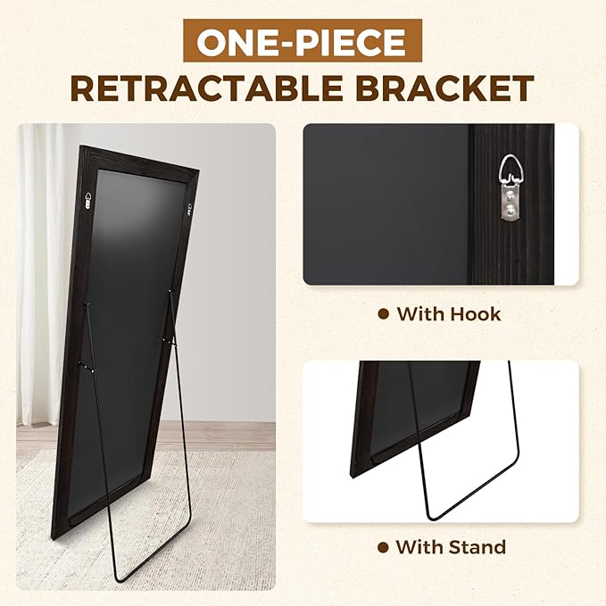 Full Length Mirror 65"x24" - Beveled Edge Rustic Black Dressing Mirror, Solid Wood Frame, Wall Mounted or Standing for Bedroom, Entryway, Living Room