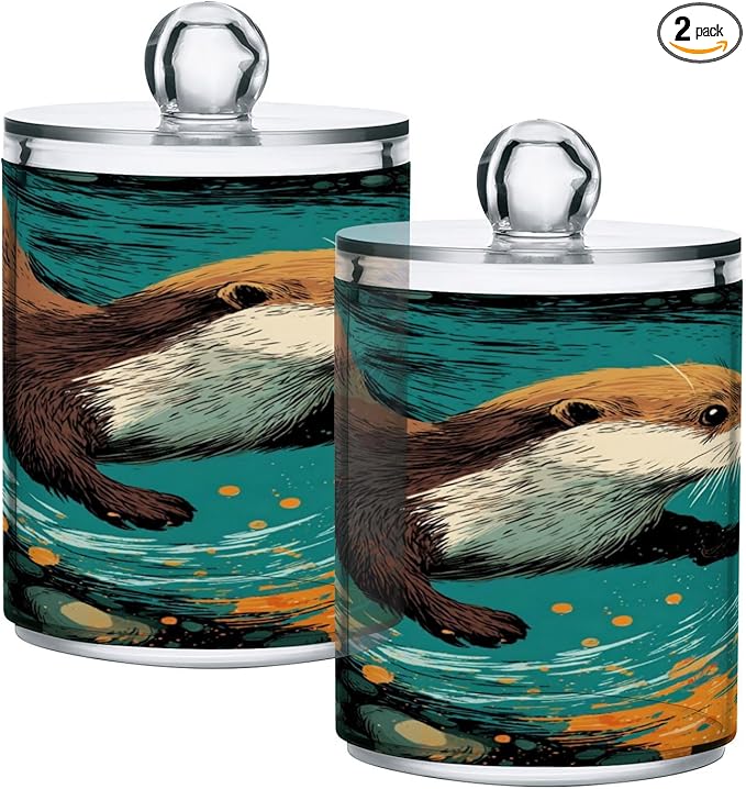 2 Pack Apothecary Jars,Otter in Glowing Currents Bathroom Vanity Storage Organizer Set,Small Clear Plastic Storage Jars Bathroom Canister for Cotton Swabs,Rounds,Balls,Qtips,Makeup Sponges
