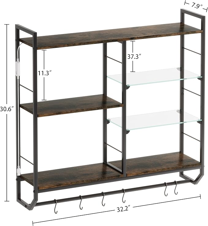 EYCOAL Gaming Floating Shelves, Wall Mounted Wooden Decor Display Shelf with 34" LED Lights and Adjustable Glass Bar Wine Shelf, Extra Hanging Hooks Storage for Gaming Room and Living Room