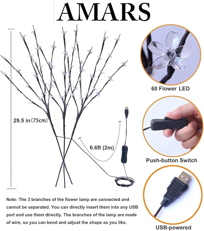 AMARS 3 Pack Electric LED Lighted Tree Branches Holiday Lights with Cherry Blossoms Flowers, USB Plug in, 60 LEDs Room Decor Night Lights, Decorative Sticks for Vase Bedroom Home Party