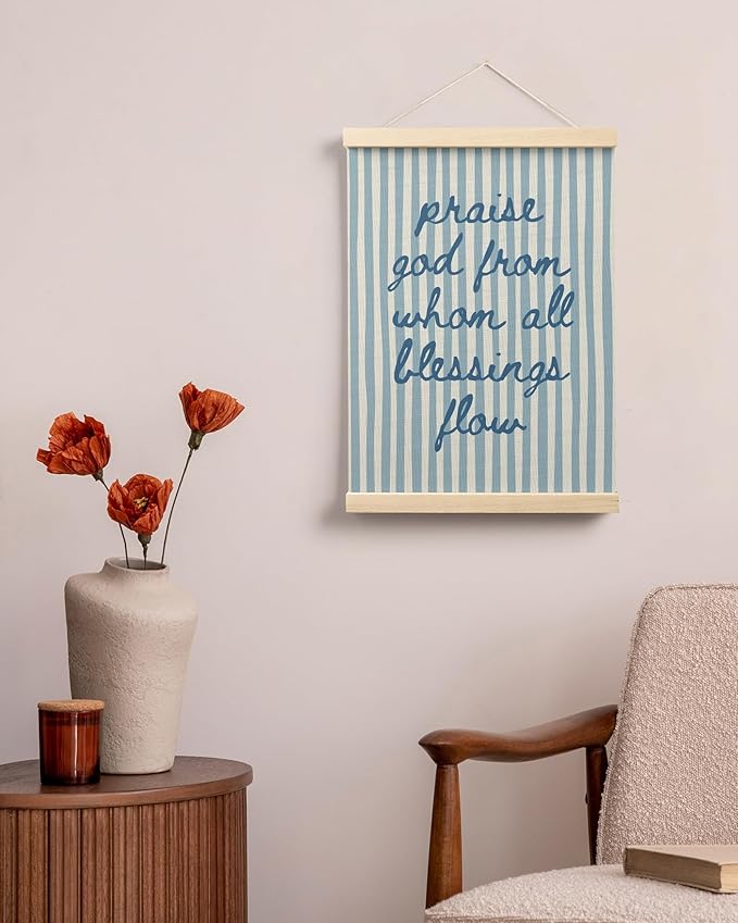 FGFK Trendy Blue Christian Wall Art Poster Hanger Frame, Trendy Striped Praise God From Whom All Blessing Flow Bible Verse Scripture Canvas Prints Framed Wall Decor for Room Home Dorm, 12x16 Inch