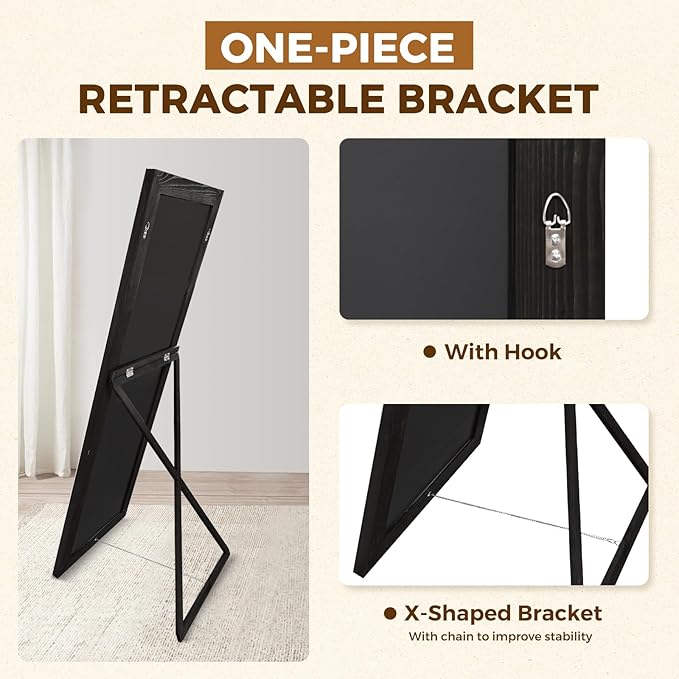 Full Length Mirror 65"x22" - Beveled Edge Rustic Black Dressing Mirror, Solid Wood Frame, Wall Mounted or Standing for Bedroom, Entryway, Living Room