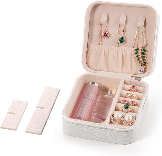 Mini Jewelry Travel Case,Small Jewelry Box,Traveling Jewelry Organizer,Portable Jewellery Storage Holder for Rings Earrings Necklace Bracelet Bangle Organizer Boxes for Girls Women(PU-White)