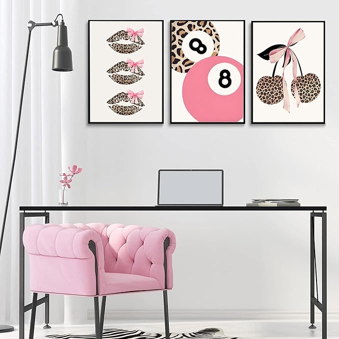 Trendy Pink Leopard Bow Wall Art Set of 3 Funky Cherry Lucky 8 Ball Posters Prints Cute Coquette Preppy Room Aesthetic Wall Decor Pictures for Girls Bedroom Apartment Dorm Unframed 16x24in