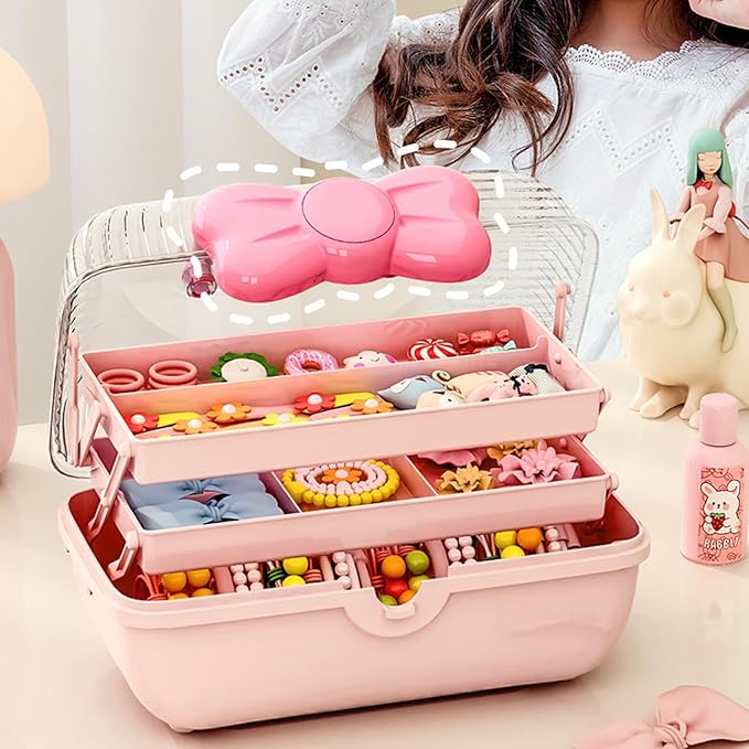 Cute Girls Hair Accessories Storage Box Bow Switch Organizer Box Jewelry Box | Kids Hair Accessories Organizer | 3 Layers Foldable Storage Box with Handle Plastic Makeup Jewelry Holder (Pink)