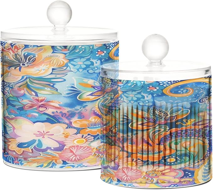 Boho Psychedelic Blue Bloom Clear Plastic Makeup Organizer Storage with lid Office Essentials Decorative Dental floss storage jar for Cotton Swabs,Cotton Pads,Floss Picks,Paper Clips,Hair
