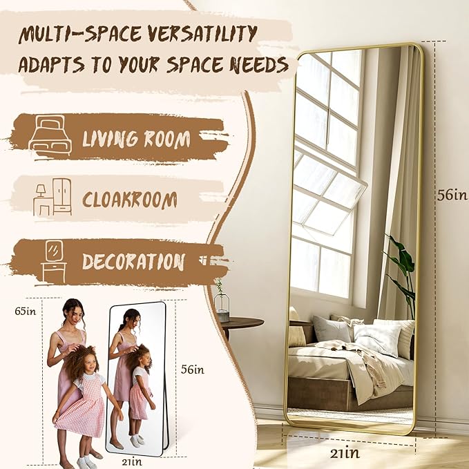 XRAMFY 56"x21" Floor Full Length Mirror Standing Full Body Rounded Corner Rectangle Mirrors with Stand Hanging Wall Mounted Leaning Bedroom Living Room Bedroom Cloakroom,Gold
