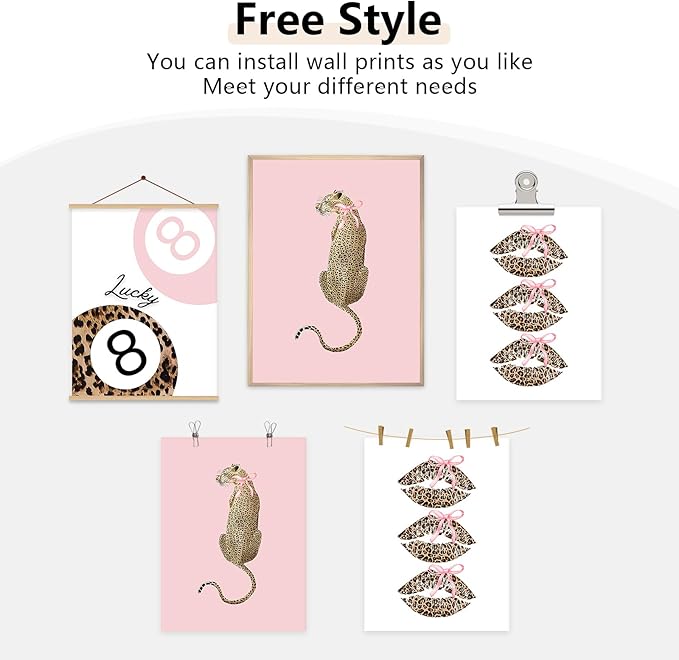 Pink Leopard Wall Art Decor Cheetah Trendy Poster Preppy Aesthetic Canvas Room Decor Pictures Coquette Y2k Wall Art 8 Ball Prints Pink Fashion Bow Artwork for Girls Bedroom 12x16x3 Inch Unframed