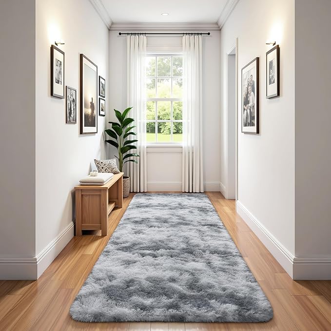 BENRON Soft Runner Rugs for Bedroom 2x8, Washable Long Runners for Hallway Entryway Kitchen Dorm, Fluffy Throw Rug for Kids Girls Room Decor Photo Prop, Tie-dye Grey