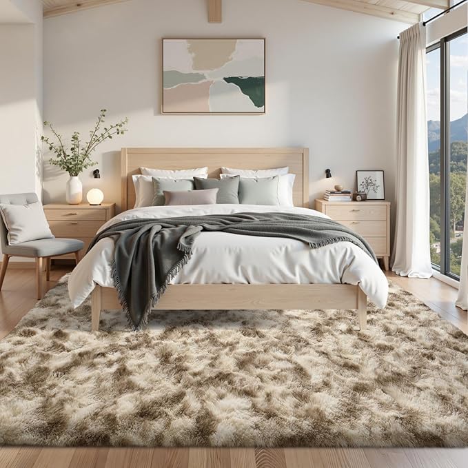Area Rugs for Living Room 8x10Ft, Soft Fluffy Shagg Plush Bedroom Rug Non-Slip,Large Carpet for Nursery Kids Dorm Home Decor, Khaki