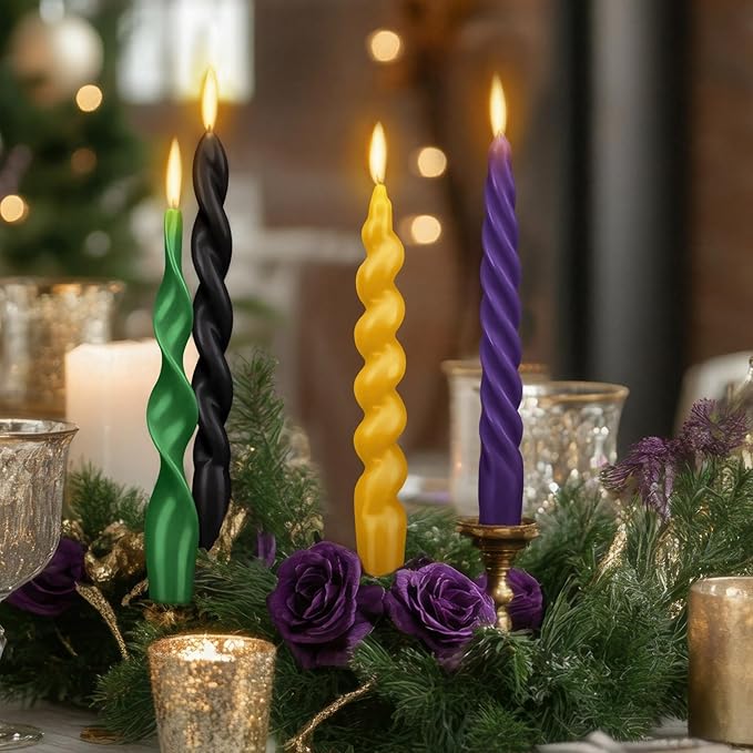 Nuanchu 4 Pcs Twisted Taper Candles Wax Unscented Smokeless Spiral Swirl Candlesticks for Wedding Holiday Dinner Party Home Decorations(7.87 Inch,Pure,Mardi Gras)