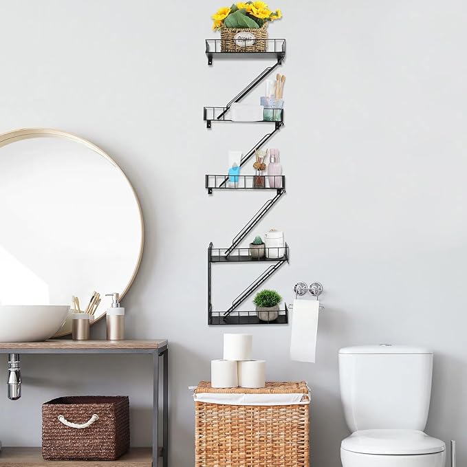 Zonon Fire Escape Wall Shelf Hanging Metal Ladder Shelves Wall Decor Cool Bookshelf Organizer Floating Shelves Action Figure Shelf for Home Bedroom Storage Display(Black,5 Tier)