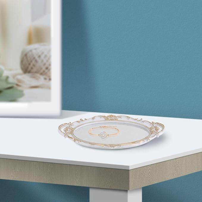 Sewroro European Style Retro Mirror Tray Decorative Oval White Perfume Storage Plate Makeup Organizer Cosmetic Display Prop for Photography and Home Décor