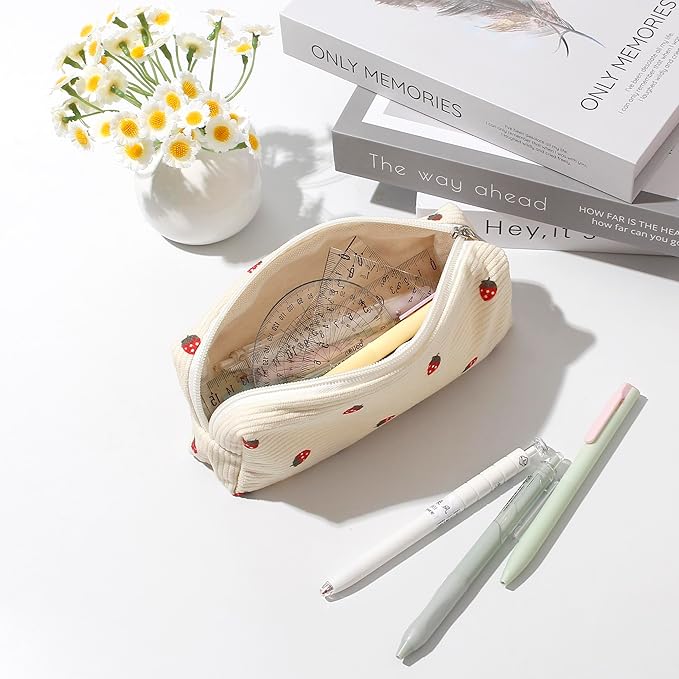 Pencil Case Lightweight Aesthetic Pen Case Office College School Storage Bag Pouch Holder Box Organizer Makeup Pouch Cosmetic Bag for Girls Boys Kids (Flowers-Beige strawberry)