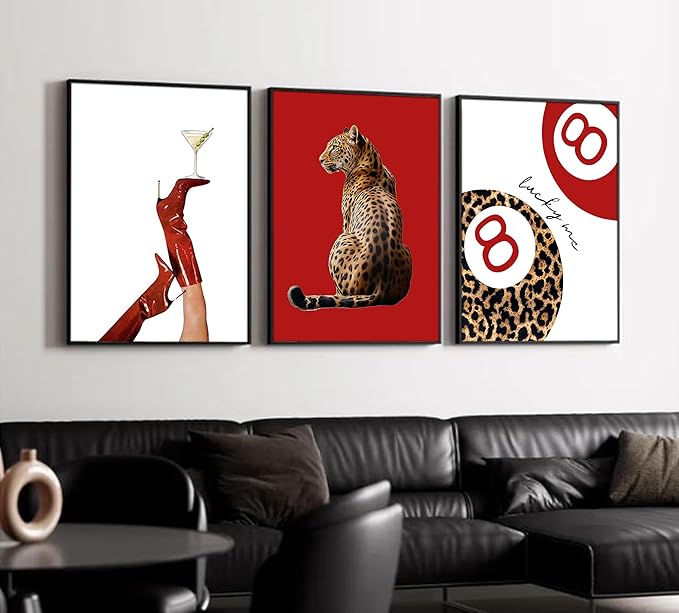 3Pcs Trendy Leopard Wall Art Preppy Funky Red Boot Martini 8 Ball Wall Decor Pictures Vintage Feminism Aesthetic Cheetah Canvas Poster Prints for Girly Bedroom Apartment Dorm Decoration 16X24Unframed
