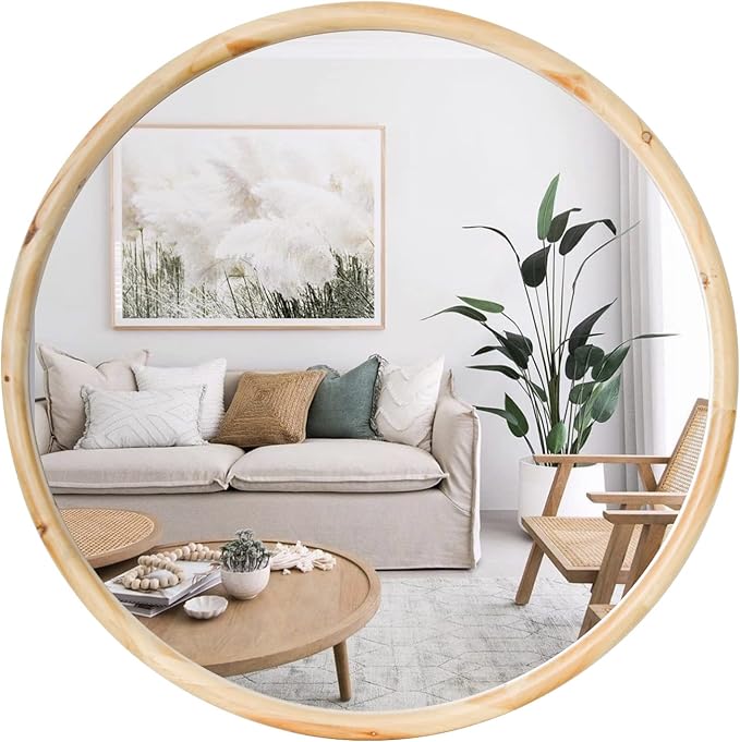 sawsile Round Wood Mirror 24" Natural Circle Wooden Nursery Farmhouse Rustic Decorative Large Wall Mirror for Bathroom,Living Room, Fireplace,Hallway