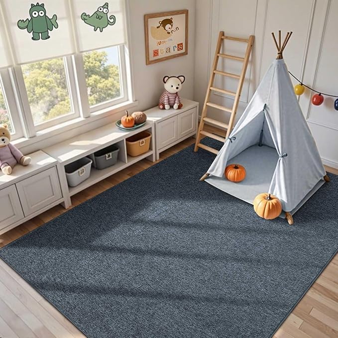 FinRèc 4x6 Washable Area Rugs for Bedroom Living Room, Low Pile Thin Rug Solid Color, Non-Slip Carpet Indoor for Home Decor (Navy Blue/White)