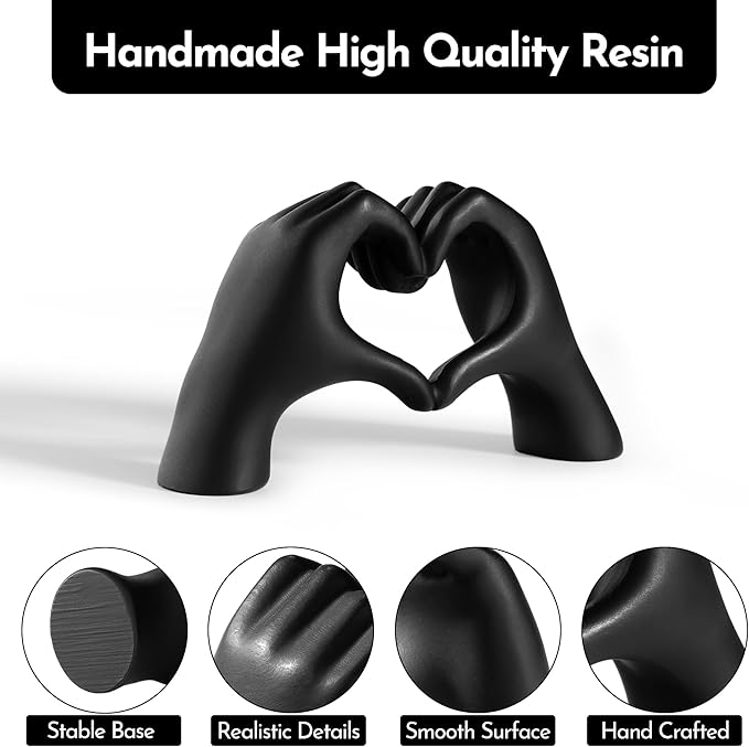 Gold Decor Living Room – Mini Small Heart Hands Sculpture – Shelf Decor Aesthetic – Cute Home Accent Table & Shelves – Love Statue - Gifts Girlfriend, Wife, Women, Teen Girls, Valentine (Black, Mini)