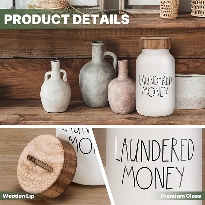 Laundry Room Decor & Organization - Premium Matte White Glass Coin Bank with Wood Lid - Rustic Farmhouse Money Jar for Loose Change - Funny Laundered Money Tip Jar & Shelf Accessories