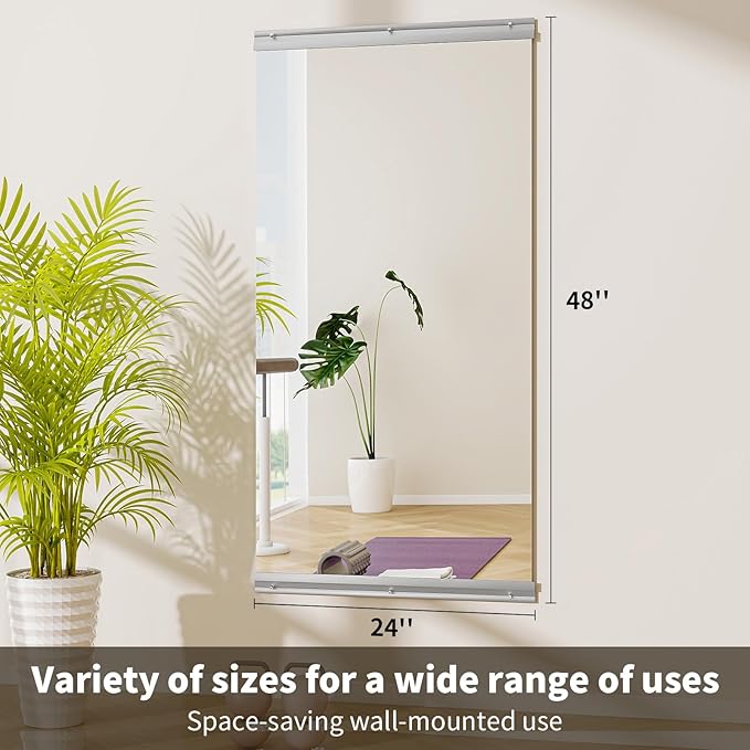 VooBang Home Gym Mirror - 1 PCS 24×48 inches, Large Frameless Wall Mounted Full Length Body Mirror for Dancing Studio, Exercise, Fineness, Yoga, Tempered Glass