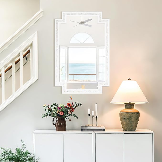 Tanmicoshomy 24 x 36 Inch Rectangle Bathroom Mirrors for Wall, White Shell Framed Decorative Mosaic Mirror for Bedroom, Living Room or Entryway, Wall Mounted Horizontal or Vertical