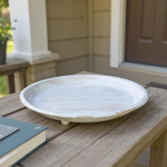 10-inch Candle Plate Holder Tray & 30-inch Wooden Bead Garland with Tassels, Farmhouse Decorative Tray, Rustic Country Home Decor - White