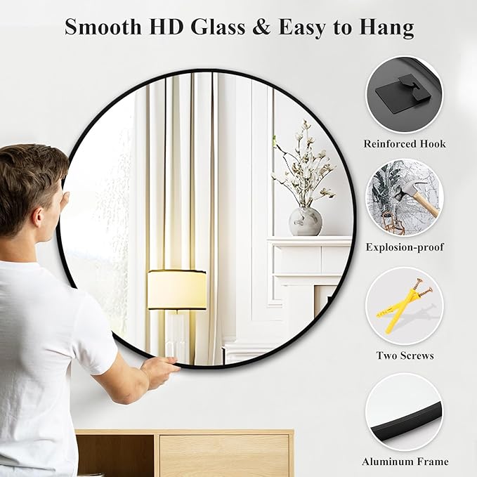 Fabuday Black Round Mirror for Wall 26 inch - Circle Mirror for Bathroom, Entryway, Living Room, Hallway, Vanity Decor, Big Matte Metal Frame Mirrors