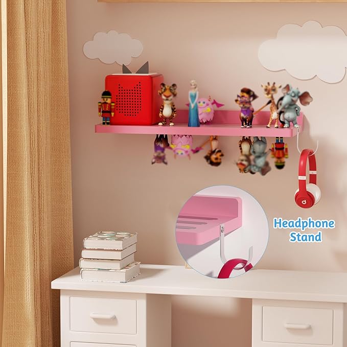 for Tonies Shelf Magnetic - Tonies Figure Organizer for Kids Room, Wooden Magnetic Display Shelf for Tonies Box Holder, Wall Floating Shelves Toy Storage Compatible Charging Station(1 Tier, Pink)