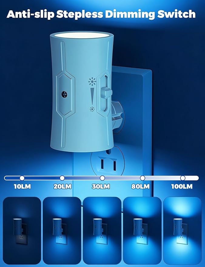 fesnne Night Light, LED Night Lights Plug into Wall 2 Pack Blue 0-100LM Adjustable Brightness Light Sensor Plug in Night Light for Hallway, Bathroom, Adult