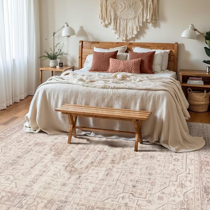 Rugxara 5x7 Soft Pink Washable Area Rug for Living Room & Bedroom, for Girls Women, Non Slip, Durable Low Pile Carpet, Vintage Carpets for Office, Dining Room, Kids Room and Farmhouse