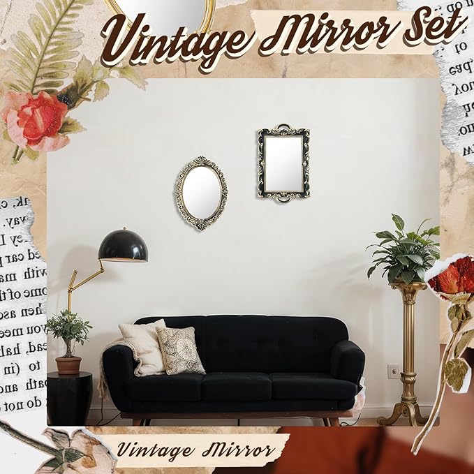 Beeveer 2 Style Vintage Mirrors Set Decorative Oval Wall Mirror Small Antique Mirrored Tray Decorative Hanging Mirror for Bathroom Bedroom Jewelry Organizer Victorian Decor (Square,Antique Gold)
