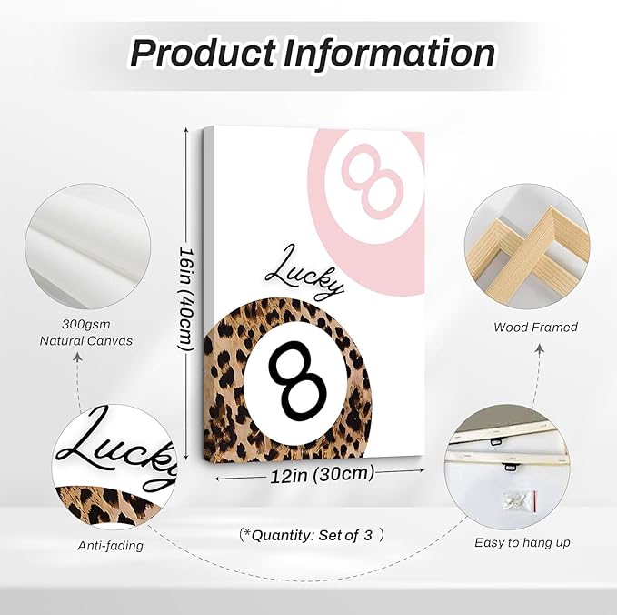 Pink Leopard Wall Art Decor Cheetah Trendy Poster Preppy Aesthetic Canvas Room Decor Pictures Coquette Y2k Wall Art 8 Ball Prints Pink Fashion Bow Artwork for Girls Bedroom 12x16x3 Inch Wrapped Canvas