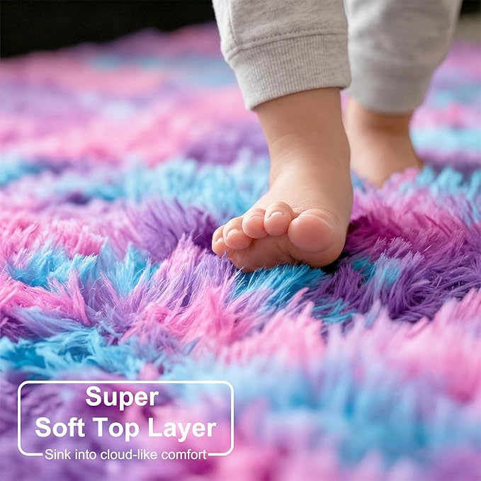Amdrebio Hot Pink Rainbow Area Rug for Girls Room 4x6, Soft Fluffy Cute Fuzzy Colorful Kids Rugs for Bedroom Nursery Playroom Classroom, Shaggy Floor Princess Carpet for Baby Toddler Teen, Home Decor