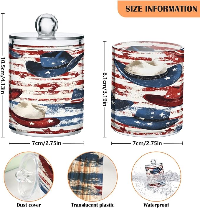 Nander 4Pack American Flag Style Cowboy Hat Qtip Holder Dispenser -Clear Plastic Apothecary Jars Set - Restroom Bathroom Makeup Organizers Containers for Cotton Swab, Ball, Pads, Floss