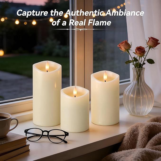 Rechargeable Flickering Flameless Candles Melted Edge Battery Operated with Remote and Timer, Real Wax LED USB Type-C Pillar Candles, Set of 3 (3" x 4",5",6"), Ivory, Home Decor