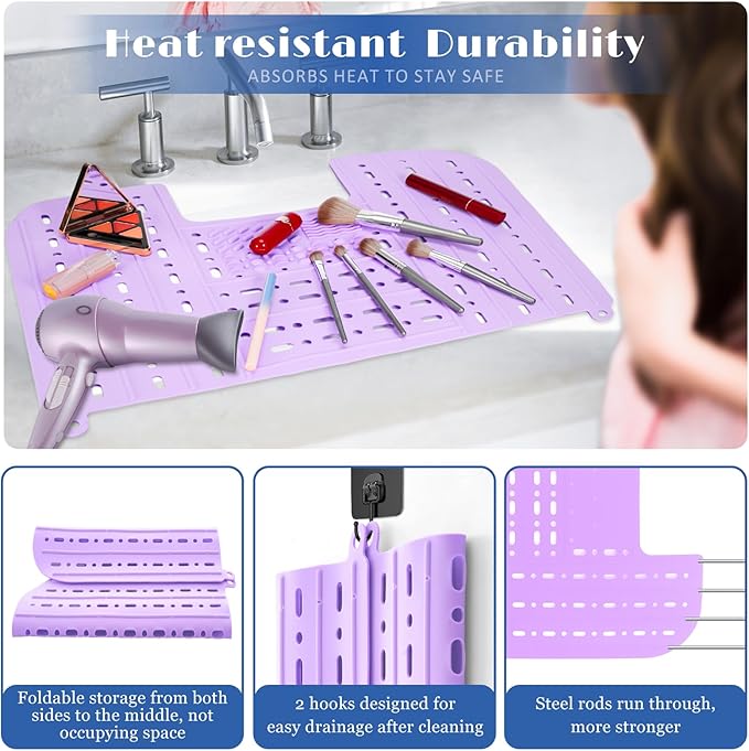 Bathroom Sink Cover for Counter Space, Heat-Resistant Silicone Sink Cover for Makeup Foldable Makeup Mat with Hanging Loop, Space Saver Sink Organizer Mat for Bathroom, 22 * 17" Purple