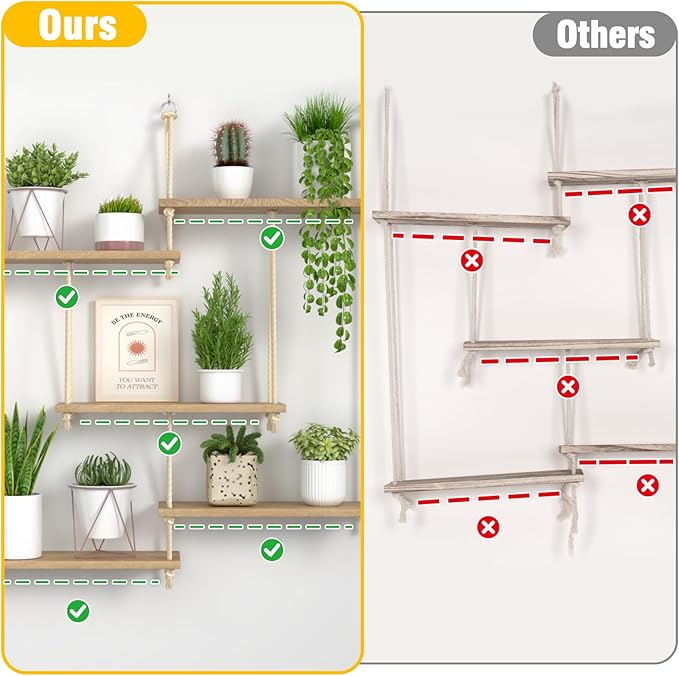 Hanging Shelves for Wall 5 Tier Macrame Rope Floating Shelves with Vine Lights Boho Wall Mounted Decor Wood Organizer Storage Rack for Bedroom, Bathroom, Kitchen