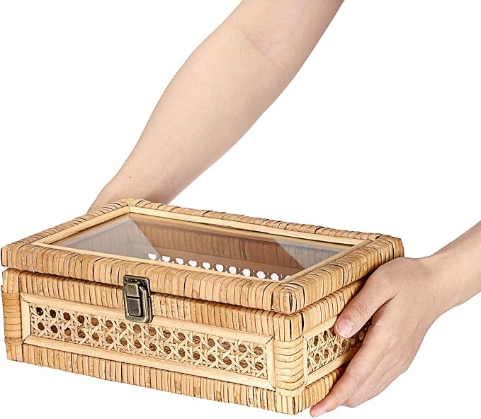 Rattan Box Rattan Decorative Storage Box with Lid Rectangular Wicker Rattan Basket Box for Shelf Rattan Box for Decor,11"L x 7.1"W x 4"H