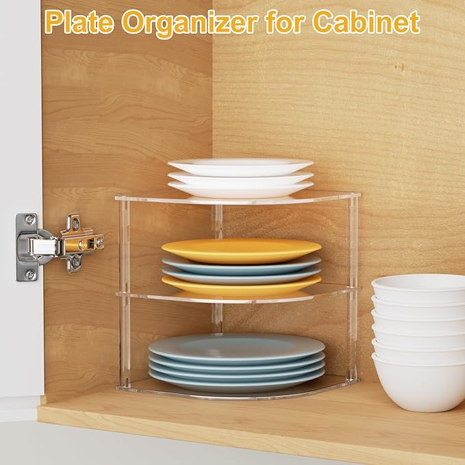 Acrylic Plate Organizer for Cabinet Kitchen Countertop Corner Clear Cabinet Organizer for Paper Plate and Bowl Dishes Pantry Storage Corner Rack Plate Holder for Cabinet Shelf Space Saver