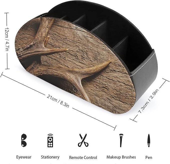 Deer Antlers On Wood Table Rustic TV Remote Control Holder Storage Organizer Box with 5 Compartments For Home Office Desktop