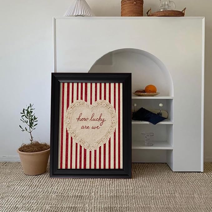How Lucky Are We Wall Art Red Stripe Affirmation Quotes Poster Coquette Love Lace Heart Canvas Print Fashion Preppy Aesthetic Wall Decor Valentines Day Couple Gift 08x10 inch Vintage Framed