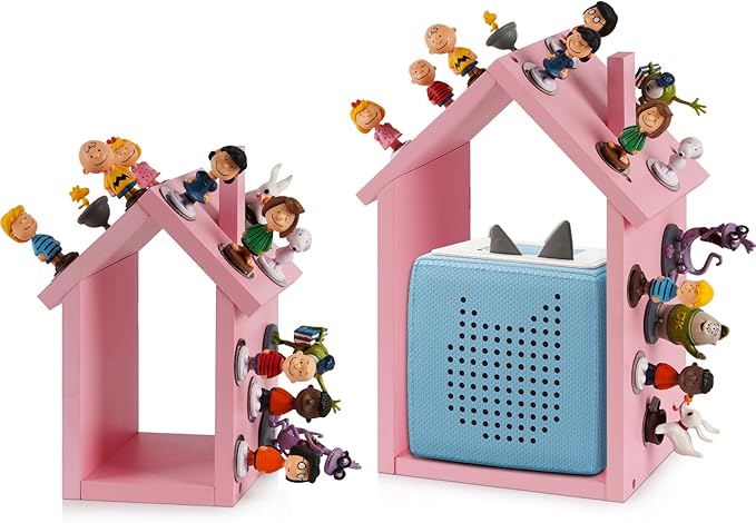 for Tonies Shelf Magnetic - for Tonies Figure Organizer Kids Room, Wooden Display Shelf for Tonies Box Holder, Wall Floating Shelves Toy Storage, House Shape Set of 2 with 38Pcs Metal Plate (Pink)