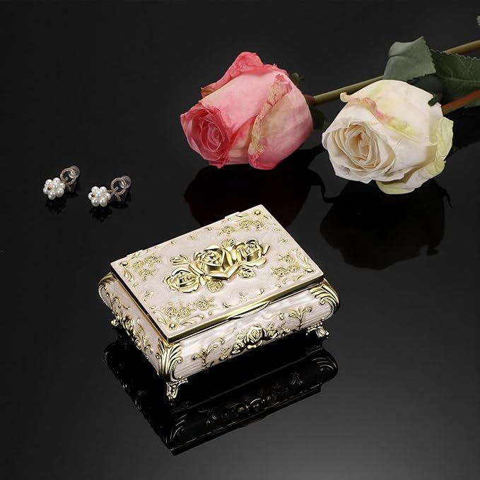 Hipiwe Vintage Jewelry Box Metal Trinket Chest Treasure Display Case for Rings Earrings Organizer Rectangular Decorative Keepsake Storage Box, Small