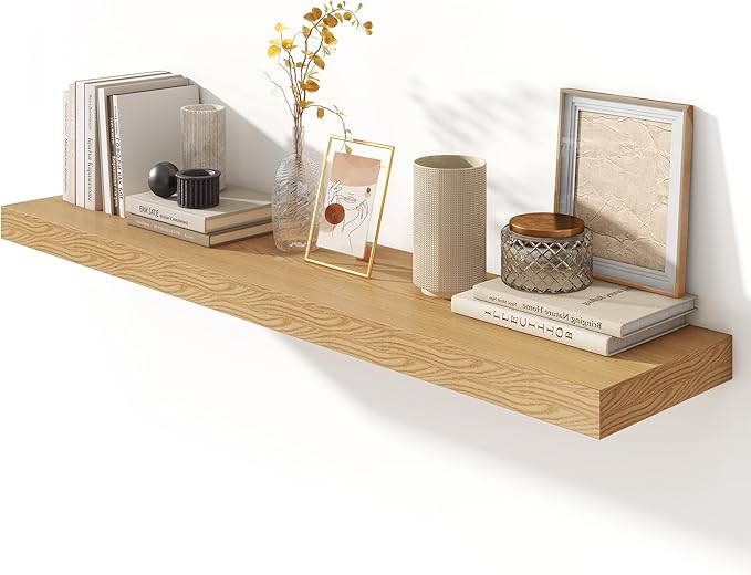 FLYJOE 12 Inch Deep Floating Shelves | 55 Inch Oak Floating Shelves | 55" W x 12" D Rustic Wood Shelves for Wall | Deep Oak Shelves for Living Room Bathroom Laundry Room Kitchen