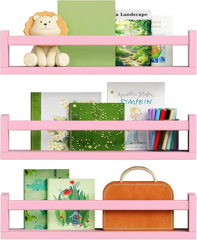 Harwaya Pink Nursery Floating Shelves for Wall Set of 3, Baby Girls Room Wall Book Shelves for Kids Bedroom, Corner Bookshelf for Toddler Children Bathroom Decor and Toys Organizers and Storage