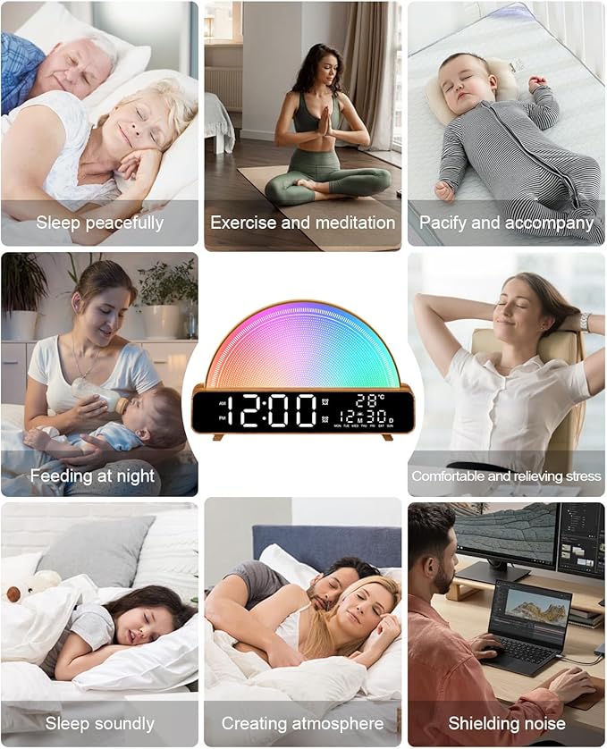 HAODINGMAI Sunrise Alarm Clock Wake Up Light with Sunrise Simulation White Noise Machine Touch Control Bedside Lamps Colors Atmosphere Lamp 30/60/90 Sleep Timer 13 Nature Sounds