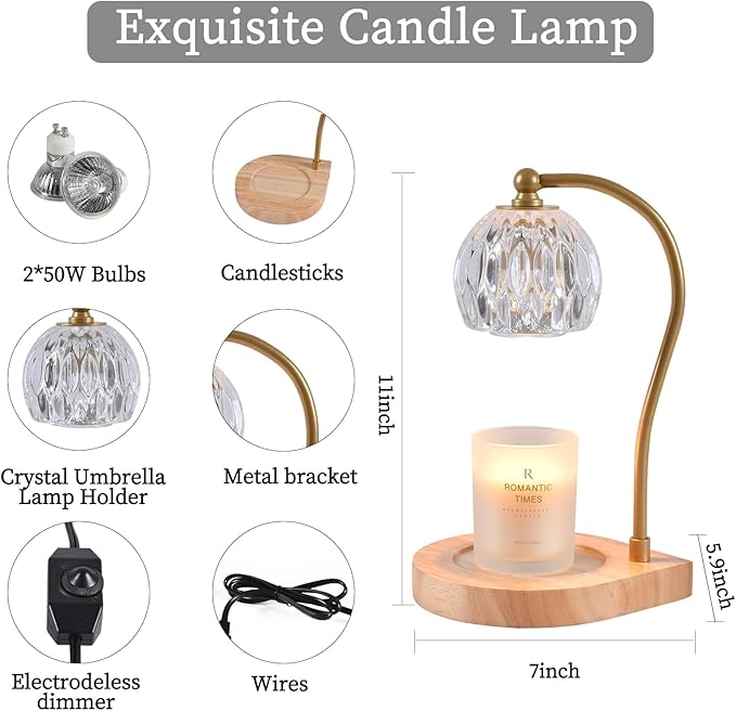 Candle Warmer Lamp,Candle lamp,Vintage Crystal Candle Wax Warmer,Heat Adjustable,Birthday Gifts for Women mom,with 2 Bulbs,Wooden Base(Transparent)