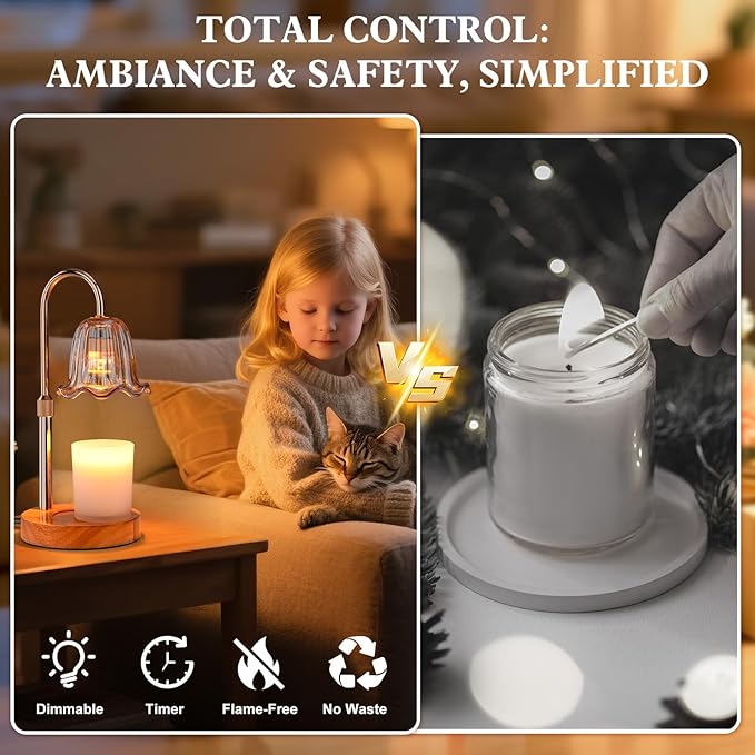 Candle Warmer Lamp Electric: Timer Dimmer Candles Warming Jar Light - Height Adjustable Dimmable Warmers Lamps - Flower No Flame Lamps with Heat Warm Melt Wax - Home Bedroom Decor Table Light