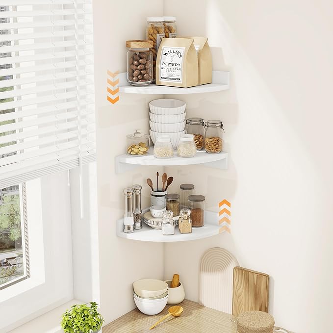 Corner Shelves 3-Pack for Bathroom & Kitchen, Space-Saving Floating Corner Wall Shelf with Easy Installation- White