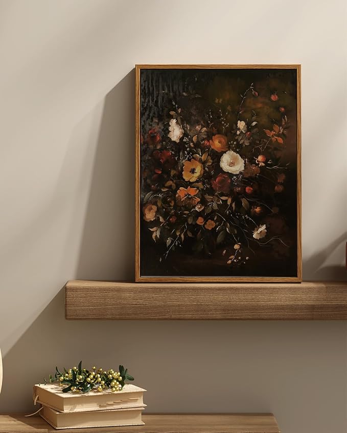 InSimSea Framed Canvas Prints Art Vintage Decor, Classical Fall Wildflower Floral Painting, Rustic Dark Autumn Flower Wall Art for Living Room Bedroom Home Bathroom Wall Decor, 12x16inch